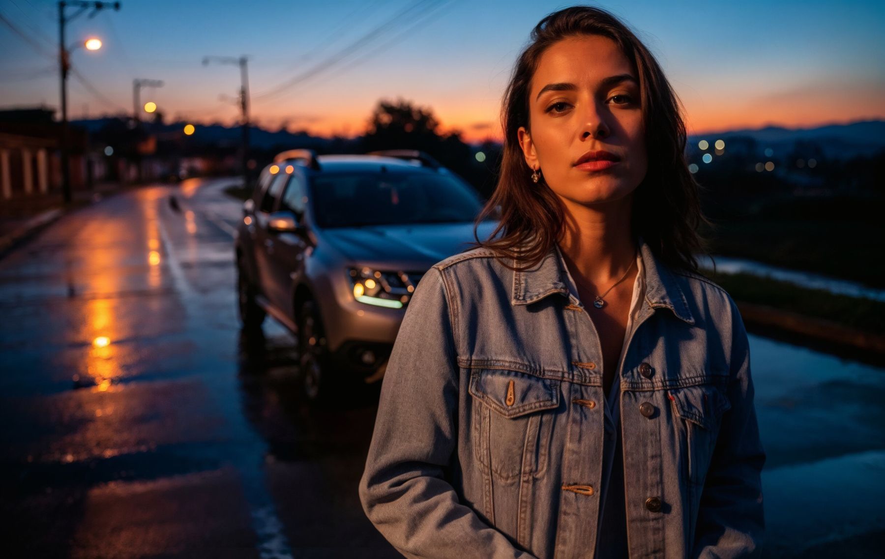 Mujer con chaqueta de jean frente a su Renault al atardecer