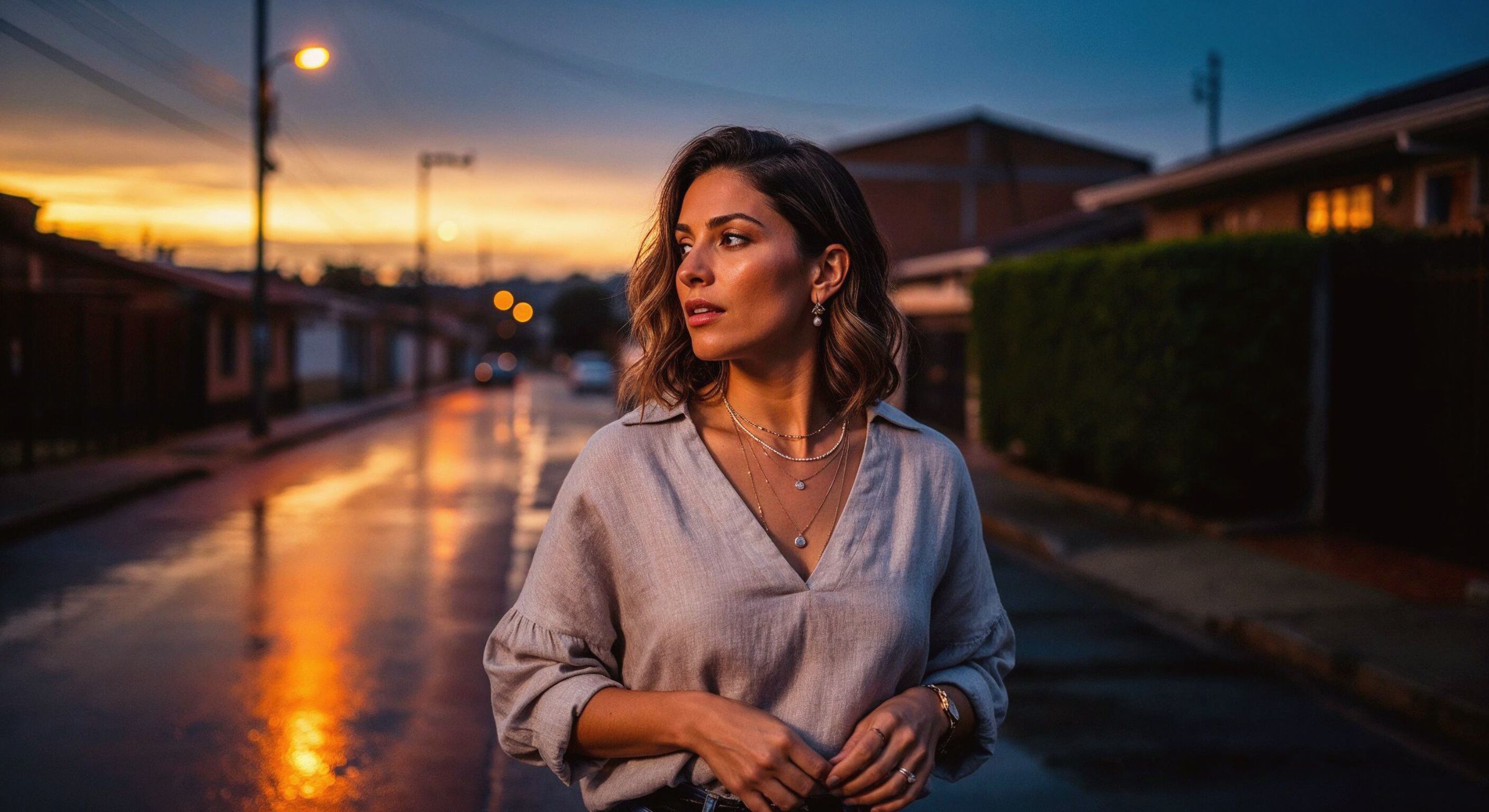 Mujer en una calle residencial colombiana al atardecer